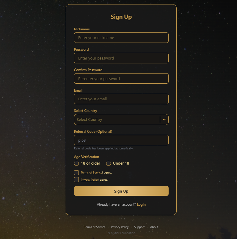 Đăng ký tài khoản MyTier Network - code: pi68